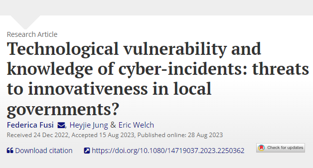 Public Management Review (@pmreview_) on Twitter photo Drawing on pooled survey data <a href="/FedericaFusi/">Federica Fusi</a>, @HeyjieKasiaJung & Eric Welch argue managersā perceptions of technological vulnerability and knowledge (or ignorance) of cyber-incidents has an effect on local government functioning, particularly innovativeness tandfonline.com/doi/full/10.10⦠Drawing on pooled survey data <a href="/FedericaFusi/">Federica Fusi</a>, @HeyjieKasiaJung & Eric Welch argue managersā perceptions of technological vulnerability and knowledge (or ignorance) of cyber-incidents has an effect on local government functioning, particularly innovativeness tandfonline.com/doi/full/10.10ā¦