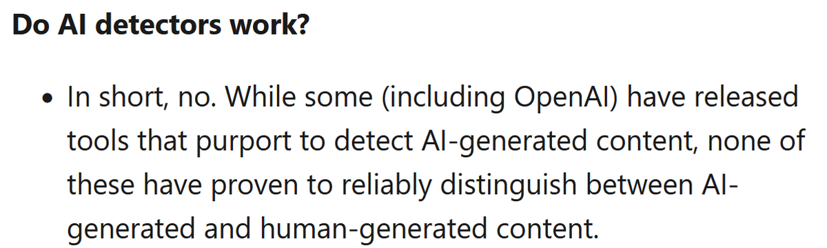 Linkletter's tweet photo. New FAQ page from OpenAI.

"Do AI detectors work? In short, no."

https://t.co/0Abj00B0ud" h/t @phillipdawson https://t.co/yH8gDeU2oh