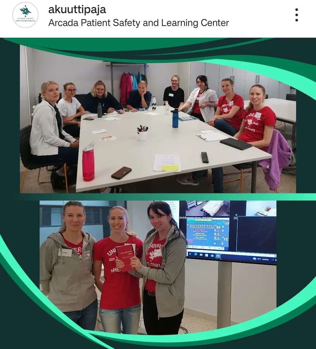 The University of Helsinki medical faculty sim team Akuuttipaja + @ArcadaUAS Nursing faculty run collaborative interprofessional sims for med students and final-year Nursing students, as part of an emergency care course for the Nursing students. 🤩 📷: Akuuttipaja Instagram