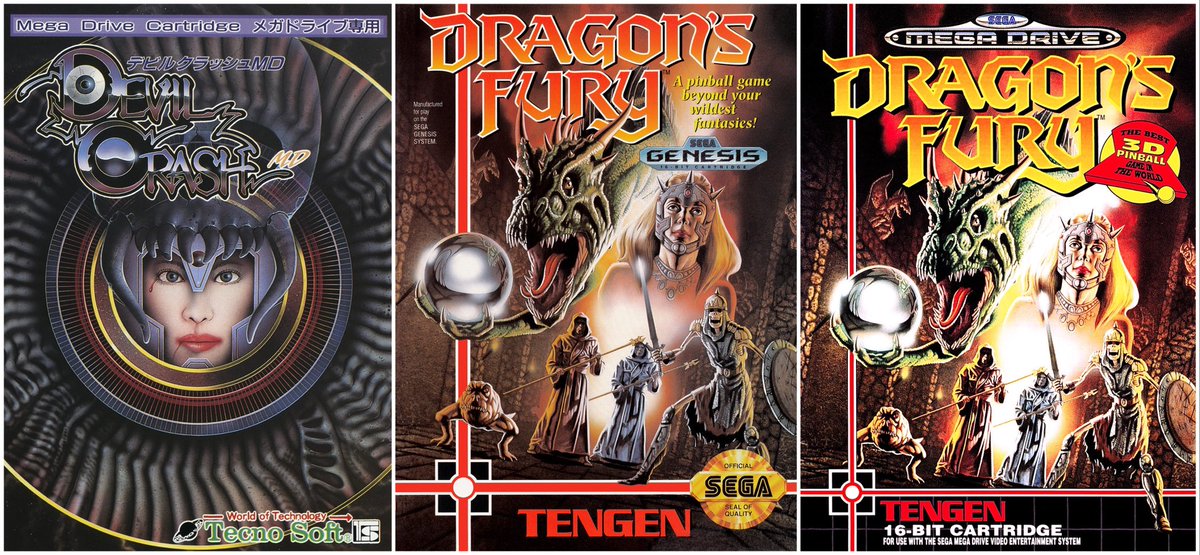 JoachimHesse's tweet photo. Nach Alien Crush war Devil‘s Crush 1990 das zweite Flipper-Spiel von #Compile. #DevilCrashMD, die Fassung von #Tecnosoft für #MegaDrive, setzte #Tengen 1992 um ein paar Grafiken zensiert als #DragonsFury für den Westen um. Welches Titelbild gefällt euch am besten: JP - US - EUR? https://t.co/061WOCXdHF