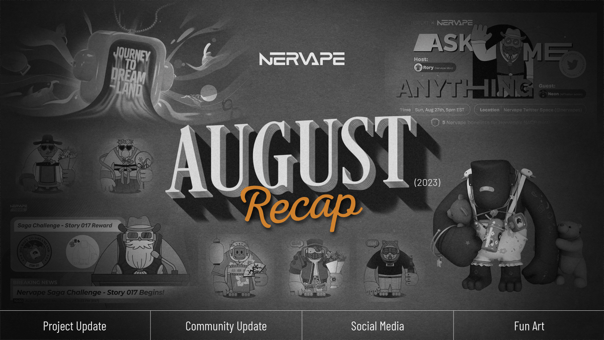 Nervapes's tweet photo. Hi Nervape fam! August has just passed and autumn is not too far off. We’ve released new stories, a new character, had an amazing AMA with @ckbsamurai, and more. Let’s #recap our #August!
Full recap: https://t.co/r8OhTBjyJo
-
#Storytelling #CharacterDesign #NFTMarketplace https://t.co/8fYIOaBcut