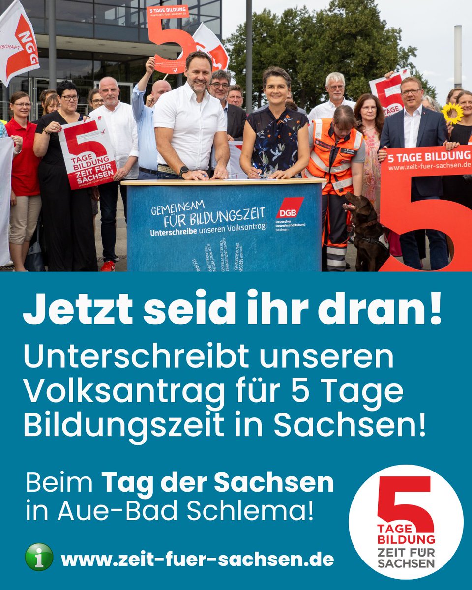 Ab heute sind wir beim #TagderSachsen in #Aue-#BadSchlema! Kommt rum &amp; unterschreibt unseren #Volksantrag 5 Tage #Bildungszeit für #Sachsen. Ihr findet uns u.a. an den Ständen von <a href="/dgb_sachsen/">DGBSachsen</a>, <a href="/GdpSachsen/">GdP Sachsen</a>, <a href="/dbb_news/">dbb beamtenbund und tarifunion</a> Sachsen, @LSB_SN, <a href="/SPDSachsen/">SPD Sachsen</a>, <a href="/gruene_sachsen/">B'90/GRÜNE Sachsen</a>, @linke_sachsen.