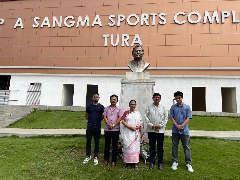 SangmaConrad's tweet photo. Floral tribute to people’s leader, (L) Sh. Purno A Sangma at the P A Sangma Integrated Sports Complex in Tura with family and well-wishers. He was a great role model according to many and played an even greater role as a father. We miss him dearly. https://t.co/HnajU6D3yY