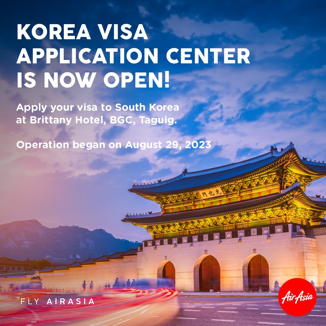 AirAsiaFilipino's tweet photo. Good news for our fellow K-pop and K-drama fans!

Ready your documents and apply your visa to South Korea through the newly opened Korea Visa Application Center (KVAC) located at Brittany Hotel, Bonifacio Global City, Taguig.

#FlyAirAsia
#FlywiththeChampion
#WeDoItBest https://t.co/dYTBACEiKJ