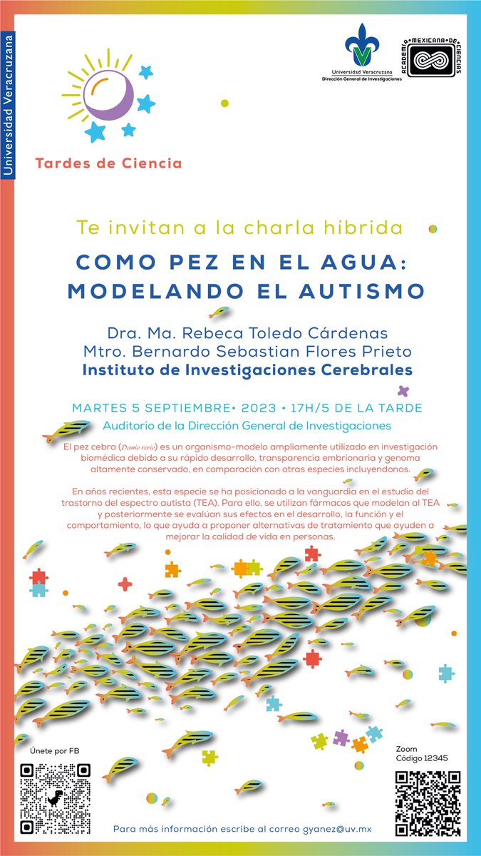 DGI_UV's tweet photo. ¿Te gustaría aprender sobre el uso del pez cebra (Danio rerio) para la investigación en neurociencias? 🐟
Entonces no te pierdas la charla “Como pez en el agua: modelando el autismo”
¡No faltes! 😊
#PezCebra #Neurociencias #Autismo #TEA #Charla #TardesdeCiencia https://t.co/kfOEDniiJs