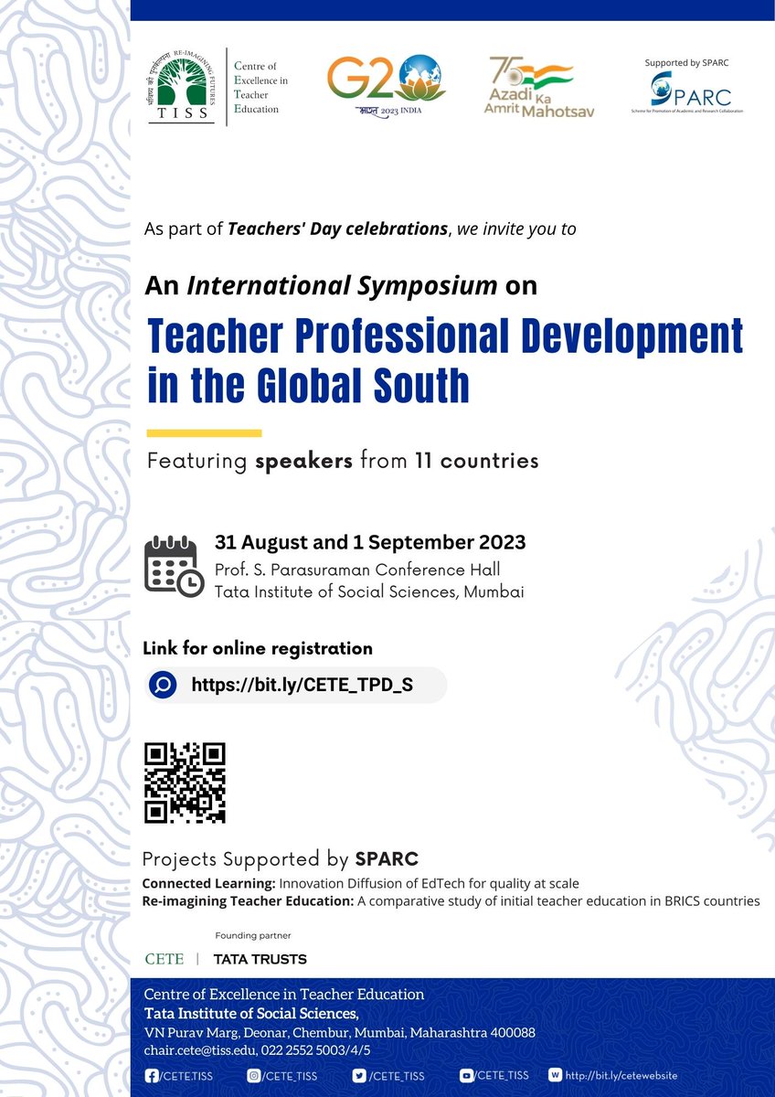 cete_tiss's tweet photo. Day 2 of the International Symposium on Teacher Professional Development in the Global South has kicked off! 
Please join, using the link below:
https://t.co/4P614CvBsA

#TISS #GlobalSouth #symposium #teachereducation #teacherprofessionaldevelopment https://t.co/MTE0QPhUvG