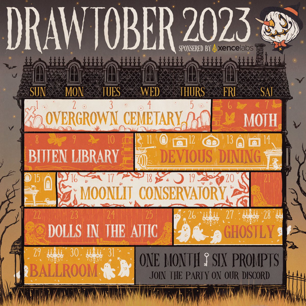Drawtober 2023 • Haunted Home • 🗝️🏚️ The Official 6 Prompts and Calendar