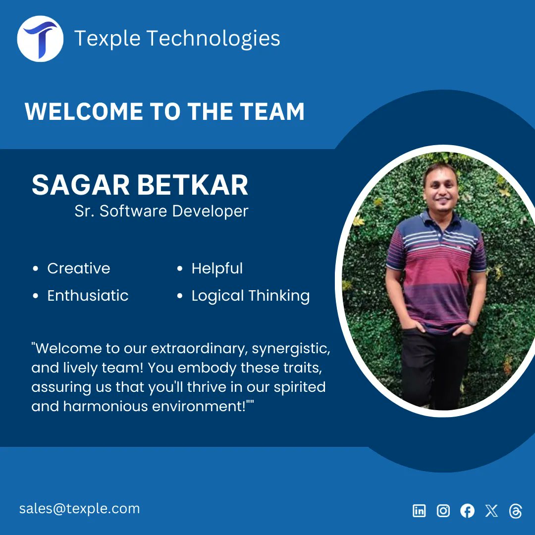 TheTexple's tweet image. 🚀 Exciting News Alert! 🚀
Join us in giving a warm welcome to our newest team member, Sagar Betkar, stepping in as our accomplished Senior Software Developer! 🎉👏 #WelcomeToTheTeam #SeniorSoftwareDeveloper #InnovationUnleashed #TexpleTech