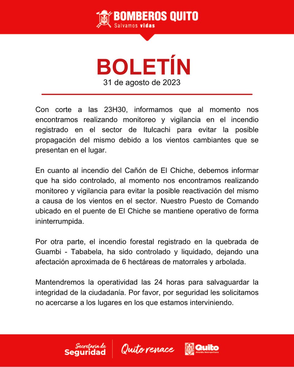 BomberosQuito's tweet photo. 📢 #Boletín | Al momento nos encontramos realizando monitoreo y vigilancia en el incendio registrado en el sector de Itulcachi para evitar la posible propagación.

 Aquí te contamos más. ⬇️ https://t.co/85kO22iVyQ