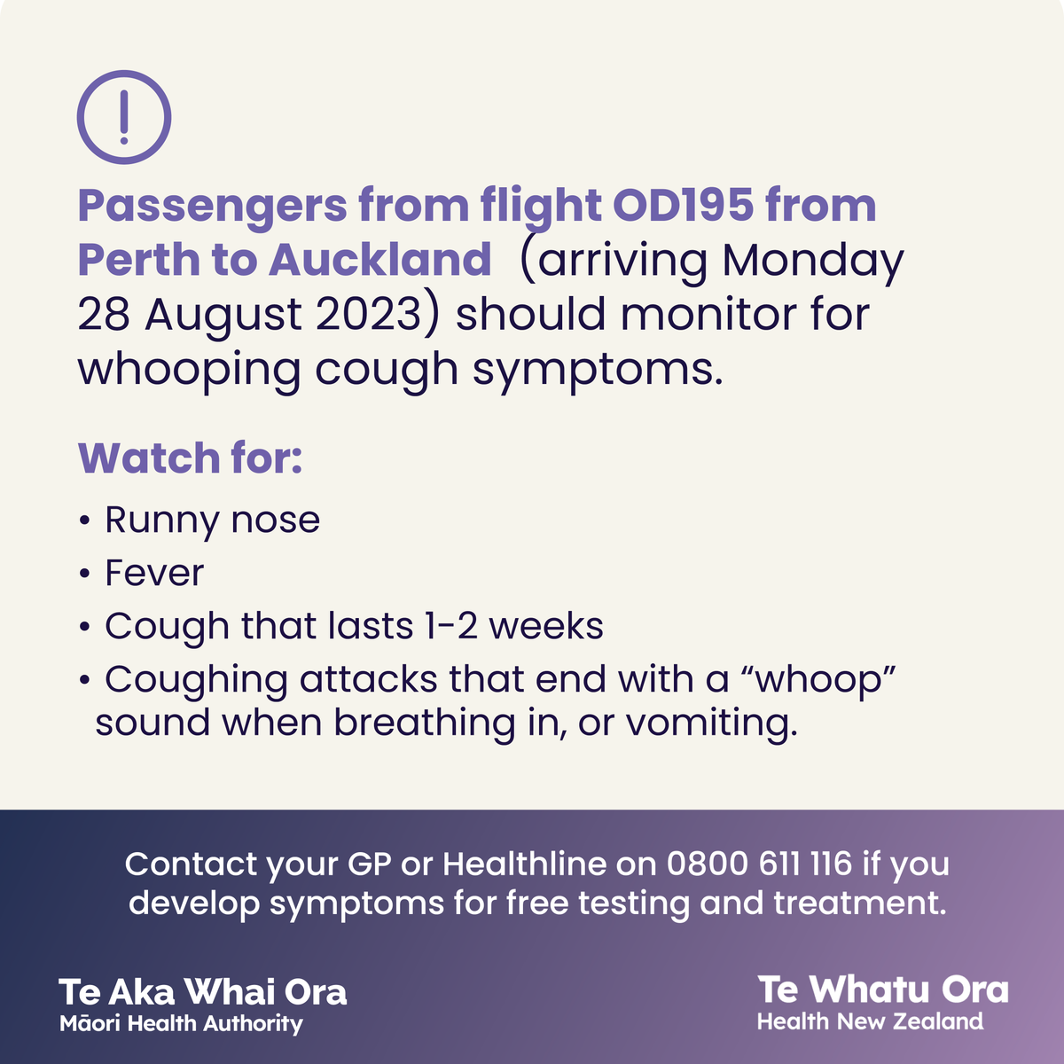 TeWhatuOra's tweet photo. We’re advising passengers from connecting flight OD195 from Perth to Auckland (arriving Monday 28 August 2023) to monitor for whooping cough (pertussis) symptoms. https://t.co/OSW8x4Oese