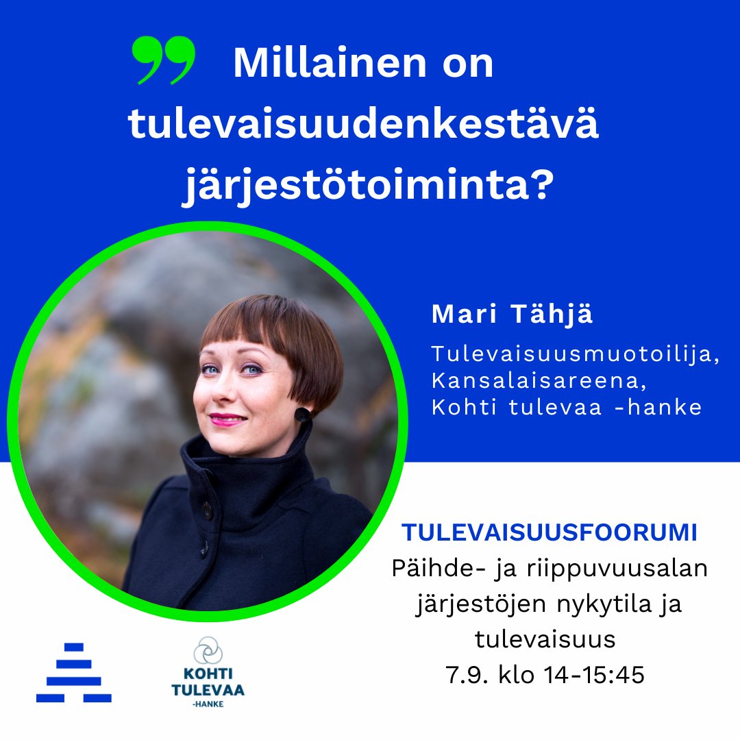 . <a href="/Kansalaisareena/">Kansalaisareena ry</a> <a href="/KohtiTulevaa/">Kohti tulevaa -hanke</a> -hankkeen tulevaisuusmuotoilija Mari Tähjä johdattaa järjestöjen tulevaisuuskestävyyden ja vapaaehtoistoiminnan muutosilmiöiden pyörteisiin <a href="/aklinikkasaatio/">A-klinikkasäätiö</a> järjestämässä Tulevaisuusfoorumissa 7.9. klo 14-15:45. Lue lisää➡️ a-klinikkasaatio.fi/tapahtuma/tule…