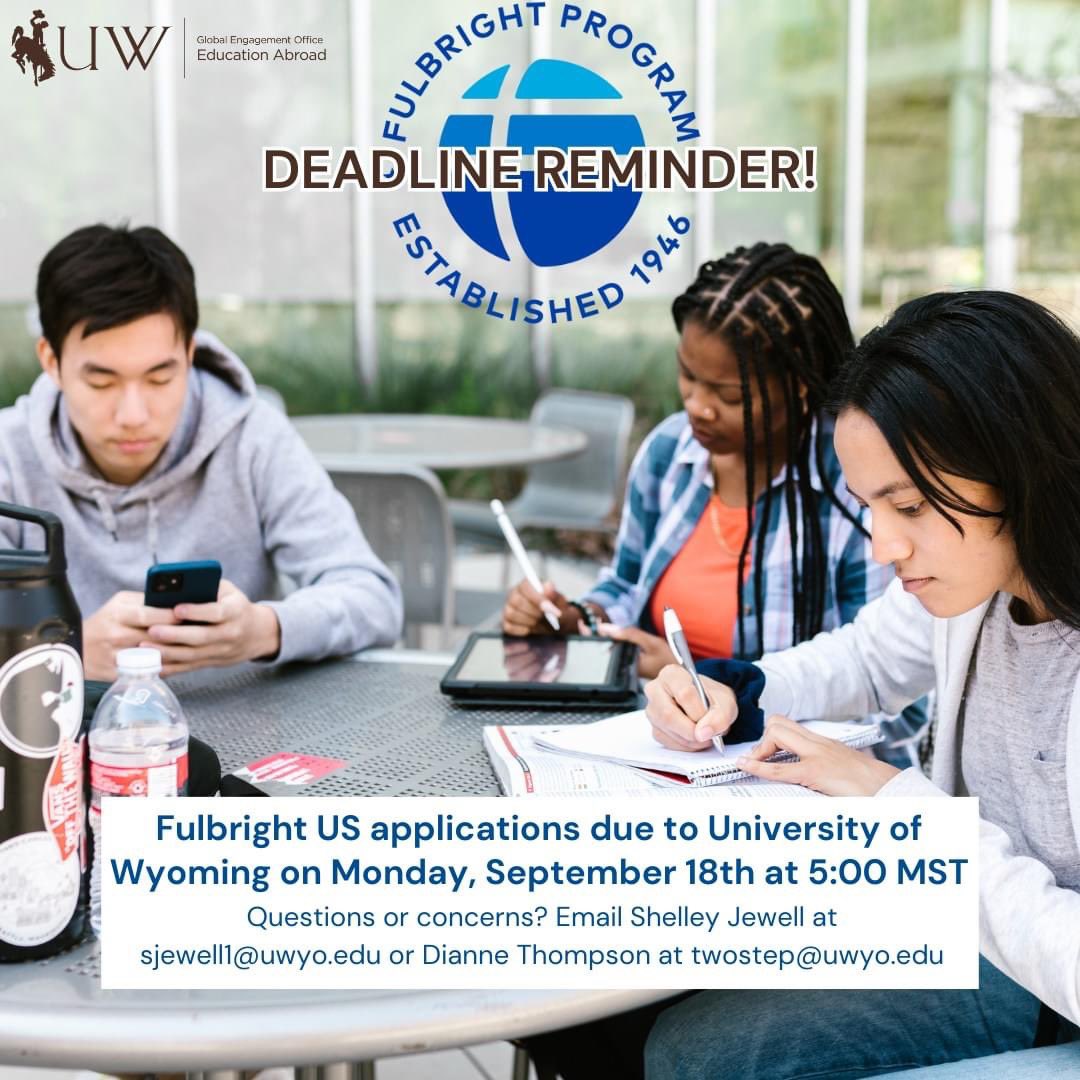 Pokes, we've got a key deadline for you coming up in just over a month 🔥 If you're applying for Fulbright this year, don't forget that applications are due on September 18! 
-
#uwyoabroad #fulbright #scholarship #fulbrightscholarship #studyabroad #researchabroad #teachabroad