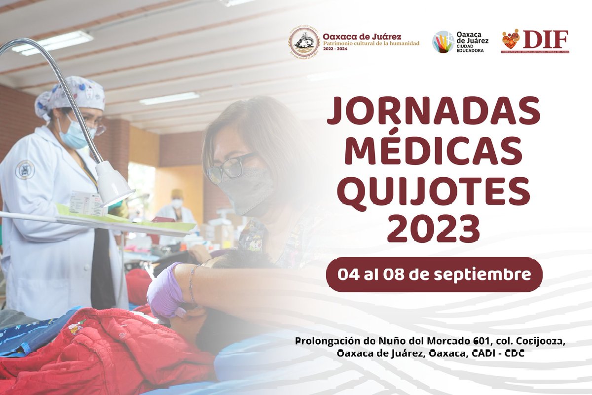 MunicipioOaxaca's tweet photo. Únete a las Jornadas Médicas Quijotes 2023. Recuerda que debes acudir por tu pase a las oficinas del DIF Municipal de Oaxaca de Juárez, en el palacio municipal de Oaxaca de Juárez.

Te esperamos.

#ElEjemploArrastra #accióneducadora https://t.co/4SyreLEf70