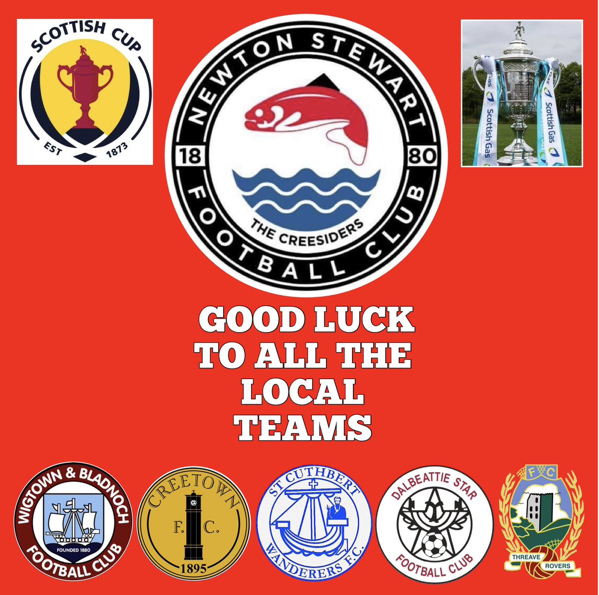 Everyone at NSFC would like to wish our neighbours <a href="/WBFC3/">Wigtown & Bladnoch FC</a> and <a href="/CreetownFC/">Creetown FC</a> , fellow <a href="/SOSFLeague/">South of Scotland Football League</a> sides <a href="/StCuthberts1879/">St Cuthbert Wanderers FC</a> and <a href="/dalbeattiestar/">Dalbeattie Star Football Club</a> as well as <a href="/ThreaveRoversFC/">Threave Rovers FC</a> all the very best for their respective <a href="/ScottishCup/">Scottish Gas Scottish Cup</a> ties tomorrow

           Good luck lads 🏆 ⚫️⚪️⚫️