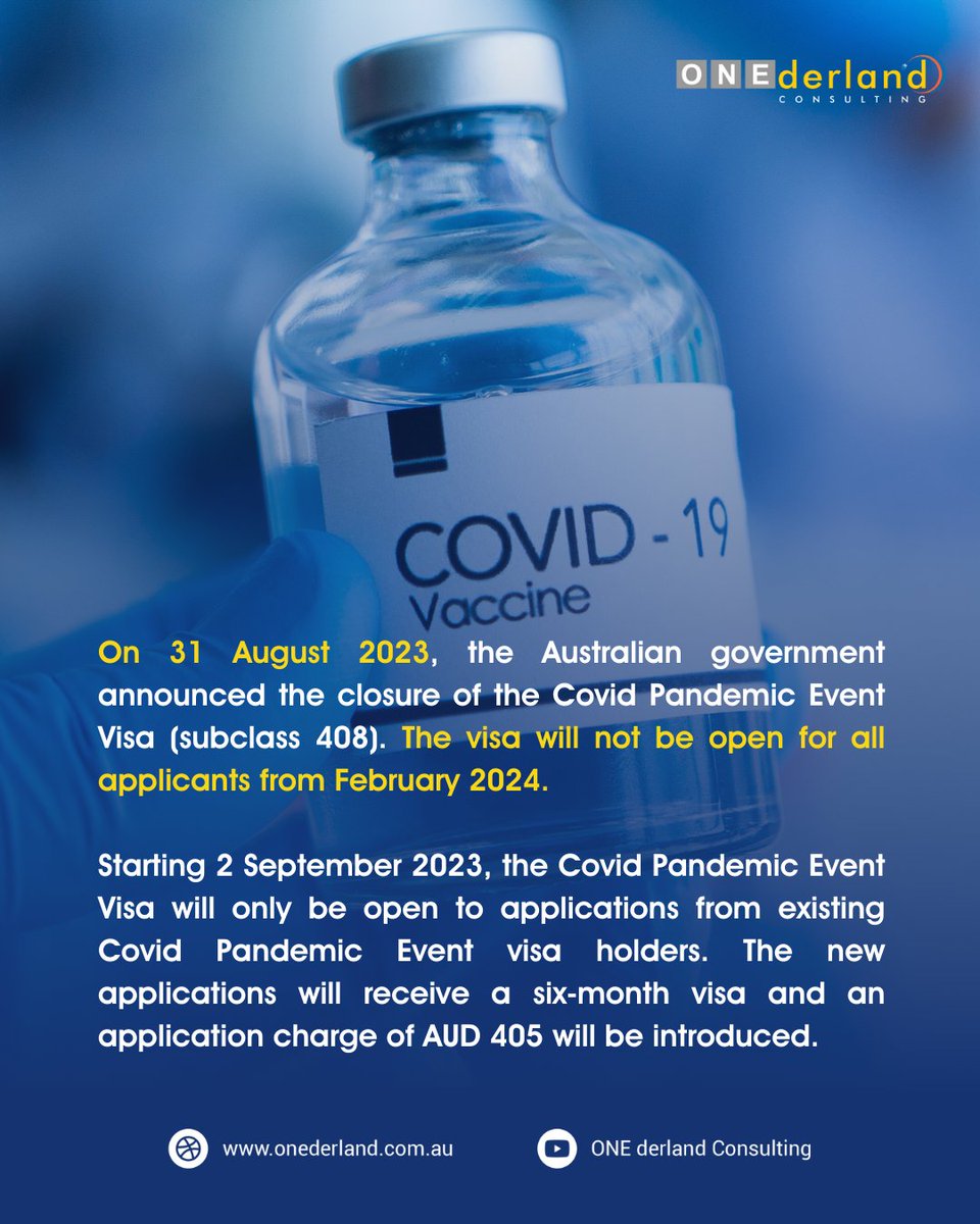 onederland_au's tweet image. 𝐁𝐑𝐄𝐀𝐊𝐈𝐍𝐆 𝐍𝐄𝐖𝐒!!

COVID Pandemic Event Visa (Subclass 408) 𝐢𝐬 𝐜𝐥𝐨𝐬𝐞𝐝 for new applicants in February 2024!

Read More below!

#COVIDVisa #Subclass408 #Visa408Australia #Visa408 #VisaAustralia
