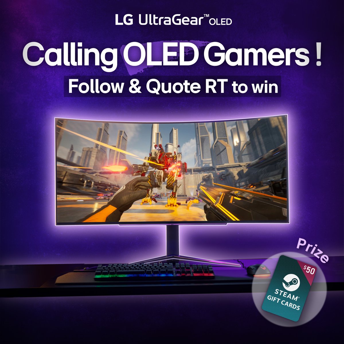LGGamingGlobal's tweet image. 🎮 Calling all the OLED gamers to unite here! 🖥️🕹️

📋 How to Enter
1️⃣ Follow @ultrageargaming
2️⃣ Quote RT &amp;amp; write which game you want to play with #OLEDGamingMonitor

🎁Prize: Steam Gift Card $50 to 10 lucky winners for epic gaming adventures

#LGUltraGear #Event #sweepstakes