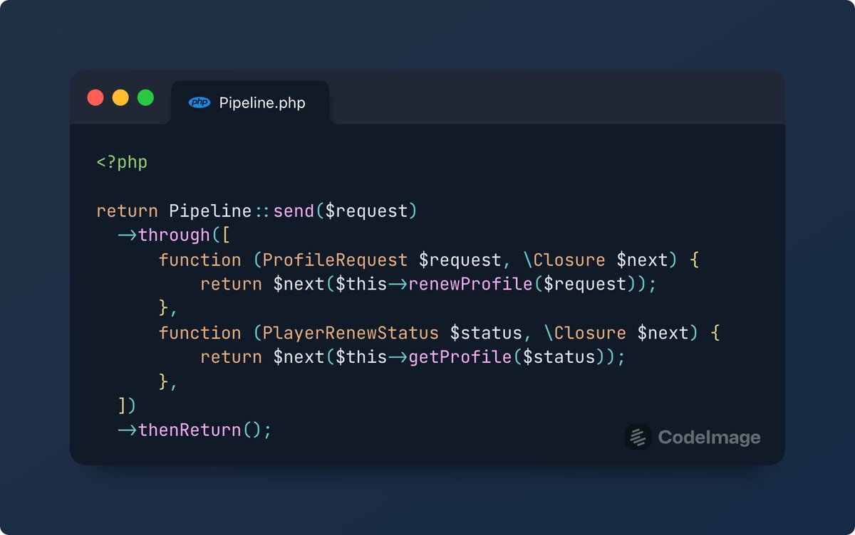 eyedroot's tweet image. Refactoring with Pipeline::through() is useful for catching synchronization call.

#laravel #php #refactor