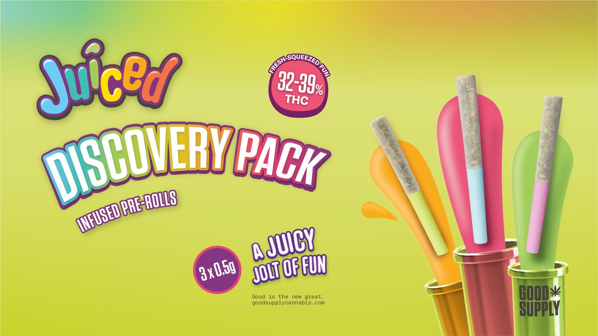 Put on your safari hat and grab Juiced Discovery Pack. They’re 3x0.5g distillate-infused pre-rolls that might just be the most fun you can have getting high. Enjoy the fresh-squeezed fun of 🍇Groovy Grape, 🥭Maui Mango and 🍊Orange Oasis that pack a fruit punch of 32-39% THC. 🤠