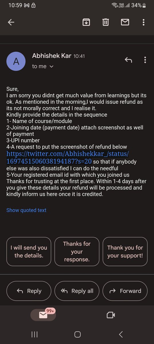 khanzubare's tweet photo. Those who had doubts about its impact and those who enrolled in his courses are now receiving their refunds. Thank you very much, @BandiShreyas bhai! Additionally, we require a clear timeline for refund processing, and we will proactively seek updates from those affected. In case this does not happen, I am in the process of compiling a list of victims in case you decide to step back.