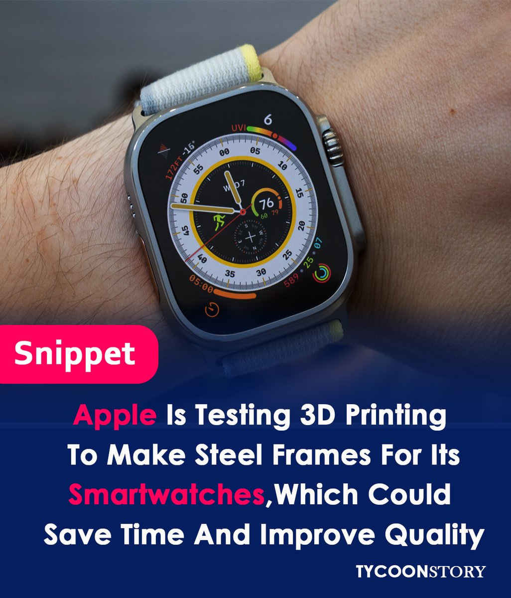 TycoonStoryCo's tweet photo. Apple is experimenting with 3D printers to create smartwatch cases.
#Apple #AppleWatch #3Dprinting #Smartwatch #Technology #testing #metalcomponents #Innovation #Sustainability #Environment #steelframes #Manufacturing @Apple https://t.co/s5olUGqNjp