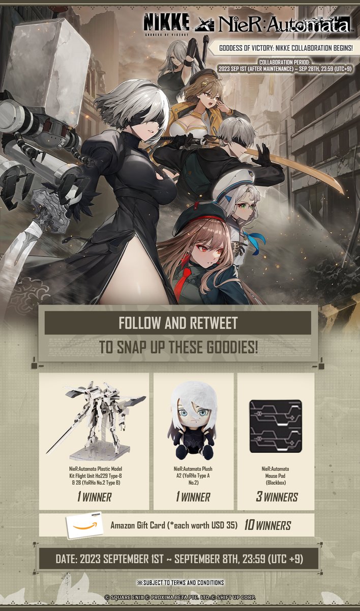 【Collab Commemoration Event】 We are commemorating the NieR:Automata collaboration with a giveaway! How to Join 1. Follow @NIKKE_en 2. RT this post Rewards -NieR:Automata Official Merchandise x5 -USD35 Amazon Gift Card x10 #NIKKExNieR #NIKKE #Contest