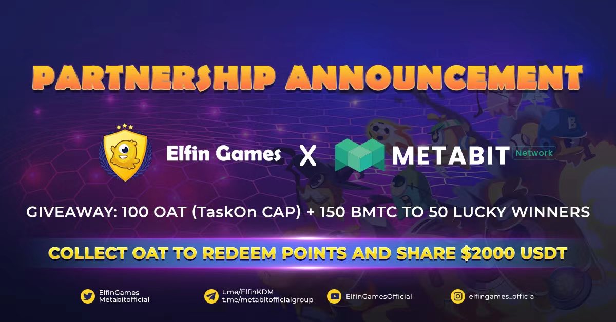 🎉 <a href="/ElfinGames/">Elfin Metaverse</a> x <a href="/metabitofficial/">metabitofficial</a> Collab!  
#Giveaway 100 OATs (TaskOn CAP) + 150 BMTC to 50 Lucky Winners
✨1 OAT = 10 POINTS✨
Collect points to share a prize pool of 2000 #USDT
✅ Join now: is.gd/d3f9aU
👉Redeem POINTS: bit.ly/442w76m
