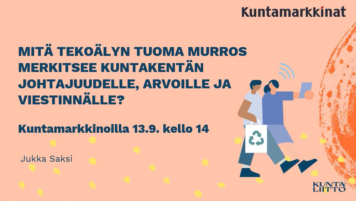 Kuntaliitto's tweet image. Mitä #tekoäly'n  🧠 tuoma murros merkitsee #kunta'kentän johtajuudelle, arvoille ja viestinnälle?
Muun muassa tätä pohtii @JukkaSaksi Kuntamarkkinoiden puheenvuorossaan. #kuntamarkkinat
eventapp.contio.fi/kl-kustannus/#…