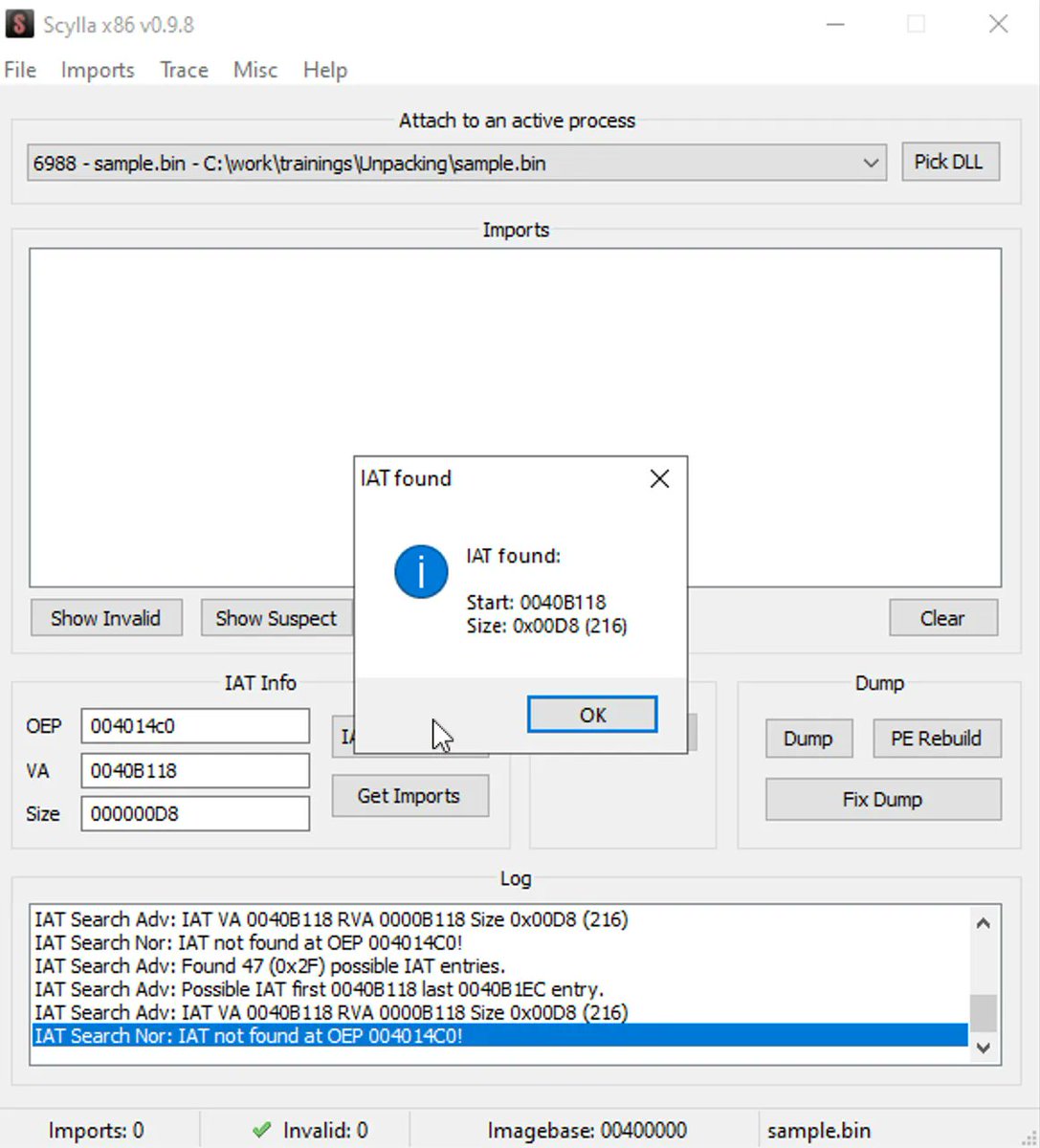 RE tip of the day: After unpacking, the original Import Directory is often not available as it is the unpacking code that resolves the imports. Programs like Scylla or ImpRec can find the populated IAT and reconstruct the original Import Directory. #infosec #reverseengineering