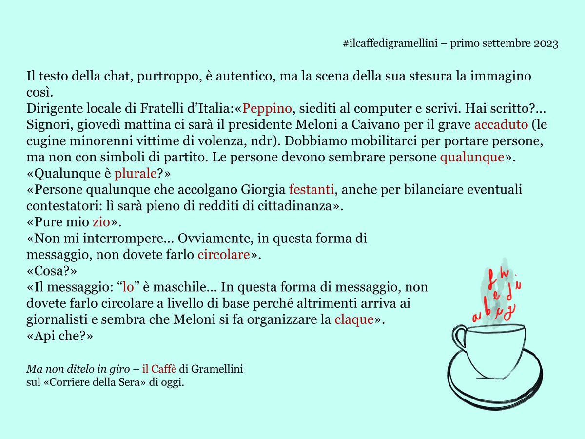 MaxGramel's tweet photo. «Ma non ditelo in giro»: #ilcaffedigramellini sul @Corriere di #venerdì #primosettembre.
https://t.co/7ECsa5lHfU https://t.co/Q7y29hICrp