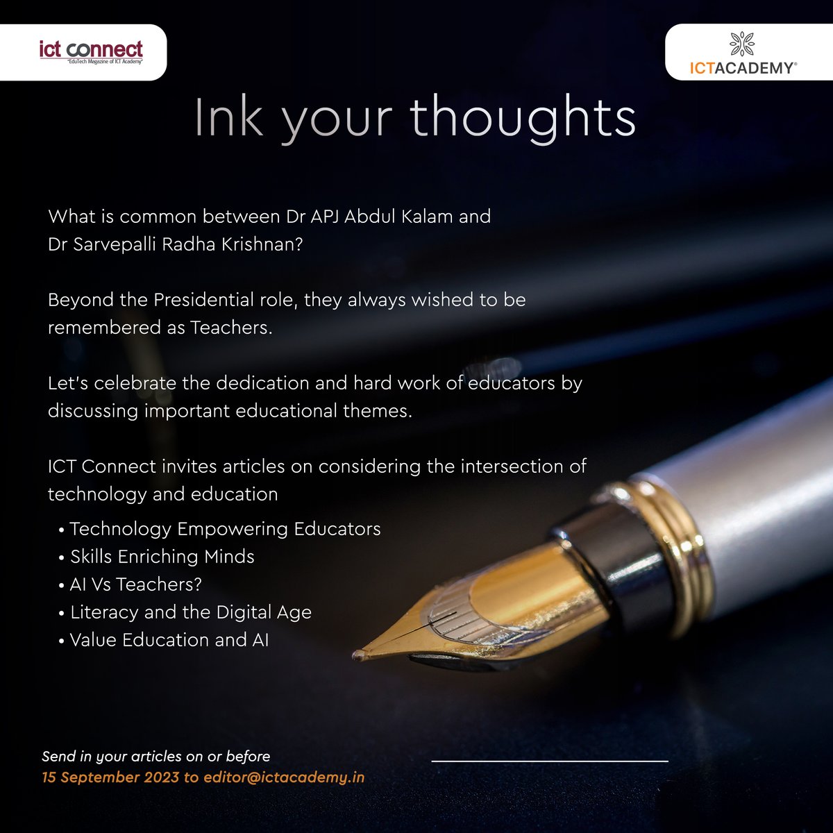 ictacademyindia's tweet photo. ICT Connect inviting articles for its upcoming special issue, focused on Teaching-learning transformation.
Note: Topics suggested do not limit authors from bringing articles apart from those listed.
#ICTAcademy #ICTConnect #SubmitYourArticle #ArticleSubmission #bhfyp https://t.co/LSWFz4uYRA