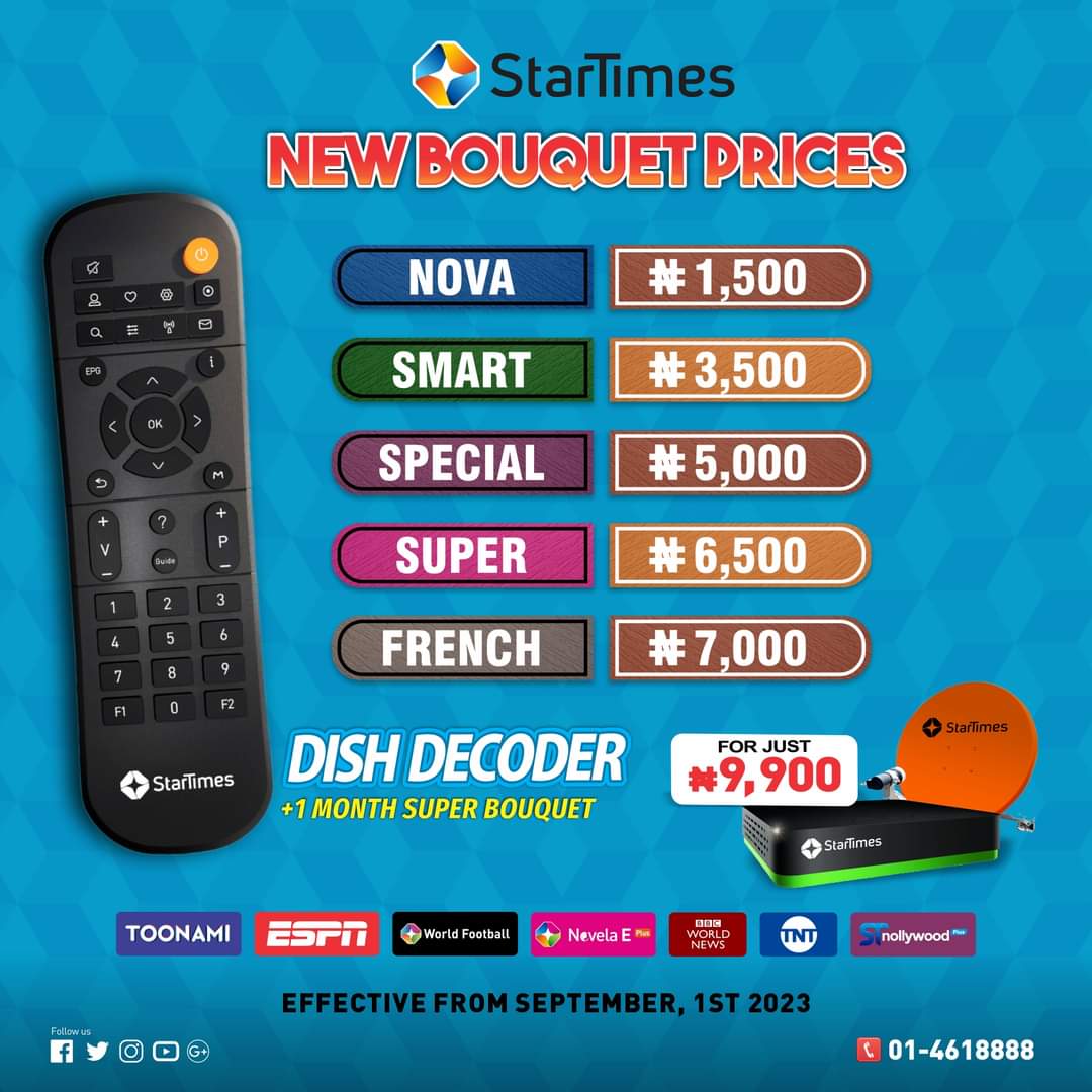 StarTimes_Ng's tweet photo. #NewPriceAlert!
#stars
Effective today September 1, these are the new bouquet prices.
You can count on us to keep giving you the best.
Thank you for choosing StarTimes.
#StarTimesCares https://t.co/UfBKPVJDXZ
