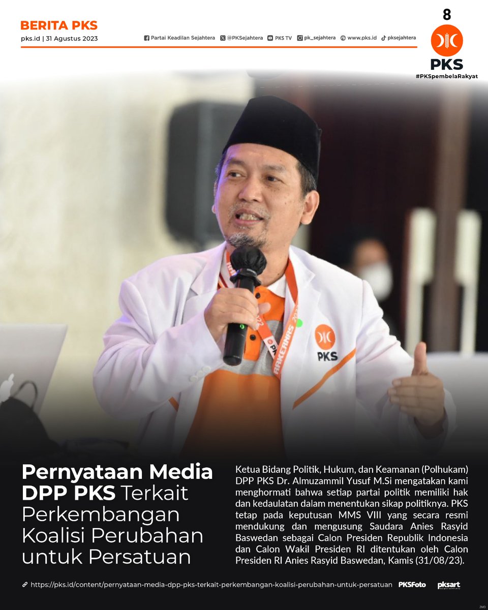 PKSejahtera's tweet photo. Pernyataan Media DPP PKS Terkait Perkembangan Koalisi Perubahan untuk Persatuan

"Kami berpegang kepada kesepakatan sebelumnya di dalam piagam Koalisi Perubahan untuk Persatuan (KPP)." ~Almuzammil Yusuf

https://t.co/0FrGKdMz5t https://t.co/saWZ2H6Y6U