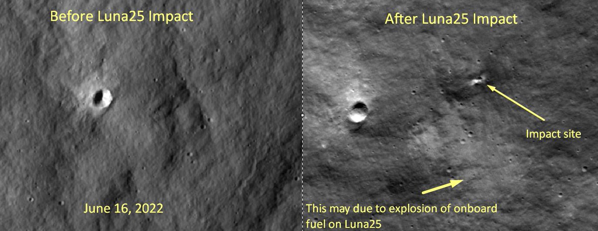 Ramanean's tweet image. #Luna25&apos;s Impact site captured by LRO !  Luna25 &apos;s onboard fuel might have contributed to a explosion due to which you see a change in lunar surface texture for around 100m!