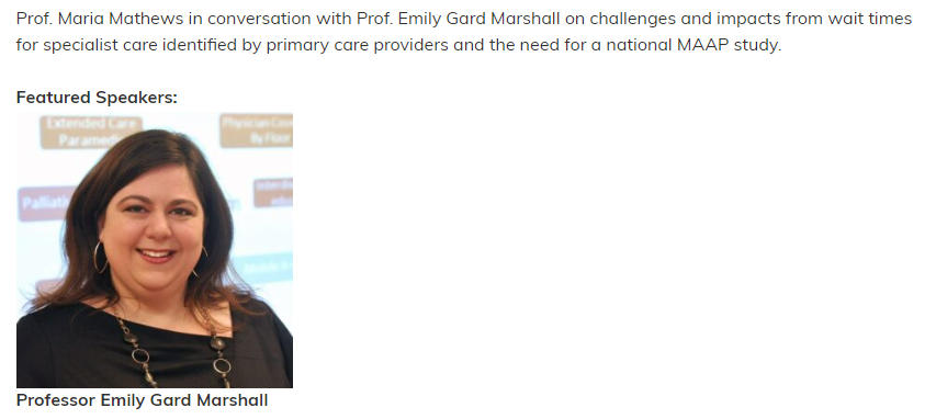 MaapStudy's tweet photo. 🚨Check out this upcoming webinar!

@DrEmilyMarshall presents @MAAPStudy findings on the impacts of specialist wait times for primary care.

Moderated by Dr. Maria Mathews, this event is hosted by @CCHL_CCLS.

Follow the link to register⬇️
https://t.co/eDZZ6PI7rY https://t.co/Ws36bUOx5S