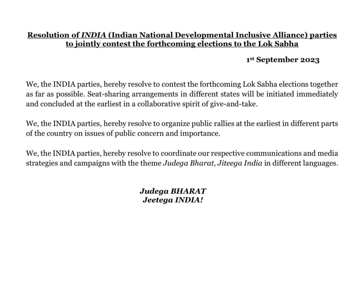 MPAbdulKhaleque's tweet photo. Resolution of INDIA Parties adopted in Mumbai Meet . https://t.co/1Zp76miDUl