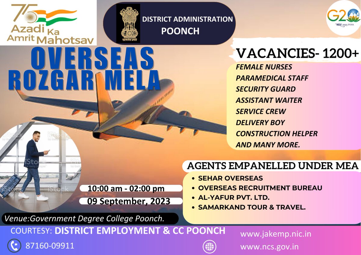 jkaoera's tweet photo. Overseas Rozgar Mela 
Venue:- Govt Degree College Poonch
Date:- 09-sept-2023
Timming:- 10:00 AM to 2:00 PM https://t.co/z7Nvs3TpNN