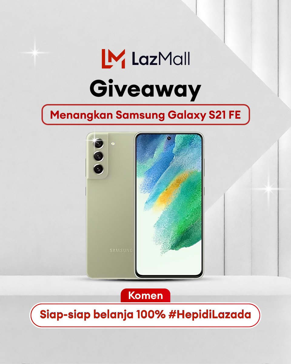 ✨ GIVEAWAY ALERT ✨

MAU SAMSUNG GALAXY S21 FE GRATIS? 

1. Follow 
<a href="/LazadaID/">Lazada</a> &amp; tag 3 teman 
2. RT, Like &amp; komen ‘Siap-Siap Belanja 100% #HepidiLazada’ + kenapa kamu harus menang pake hashtag #LazadaGiveaway sebanyak-banyaknya~

Periode: 1-7 September