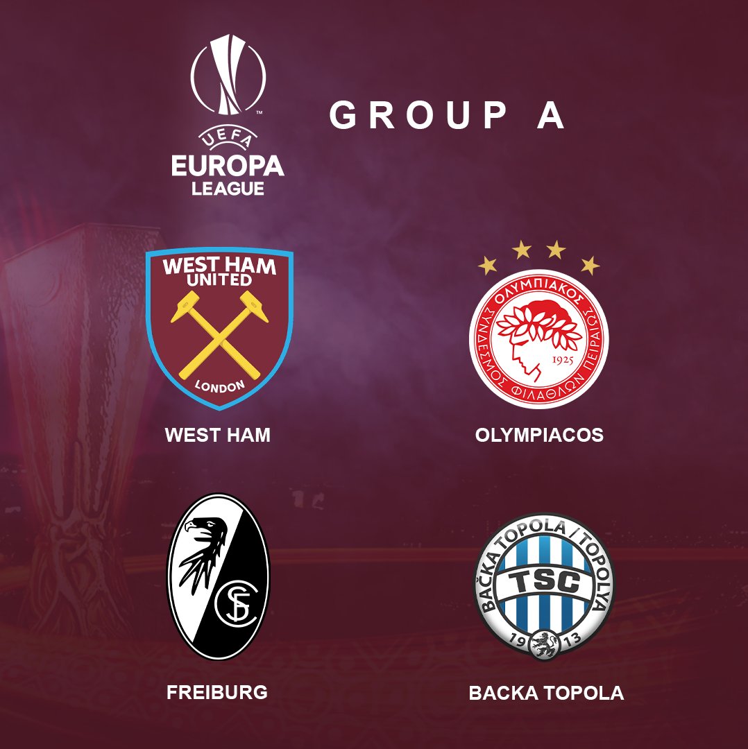Our group for the #UEFAEuropaLeague 🏆

🏴󠁧󠁢󠁥󠁮󠁧󠁿 West Ham
🇬🇷 Olympiacos
🇩🇪 Freiburg
🇷🇸 Backa Topola

Happy with the draw? 👇 #WHUFC