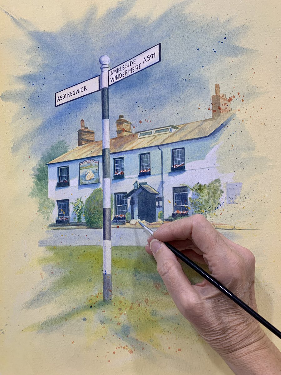 colcloughart's tweet photo. I’d almost sold out of my #LakeDistrict paintings so I’m very pleased to reveal two new ones in the gallery this weekend. This one is The Swan Hotel in #Grasmere and the other is The Britannia Inn, #Elterwater. Visit our gallery on #TheRows of #Chester for a closer look. https://t.co/KkRy70IQW1
