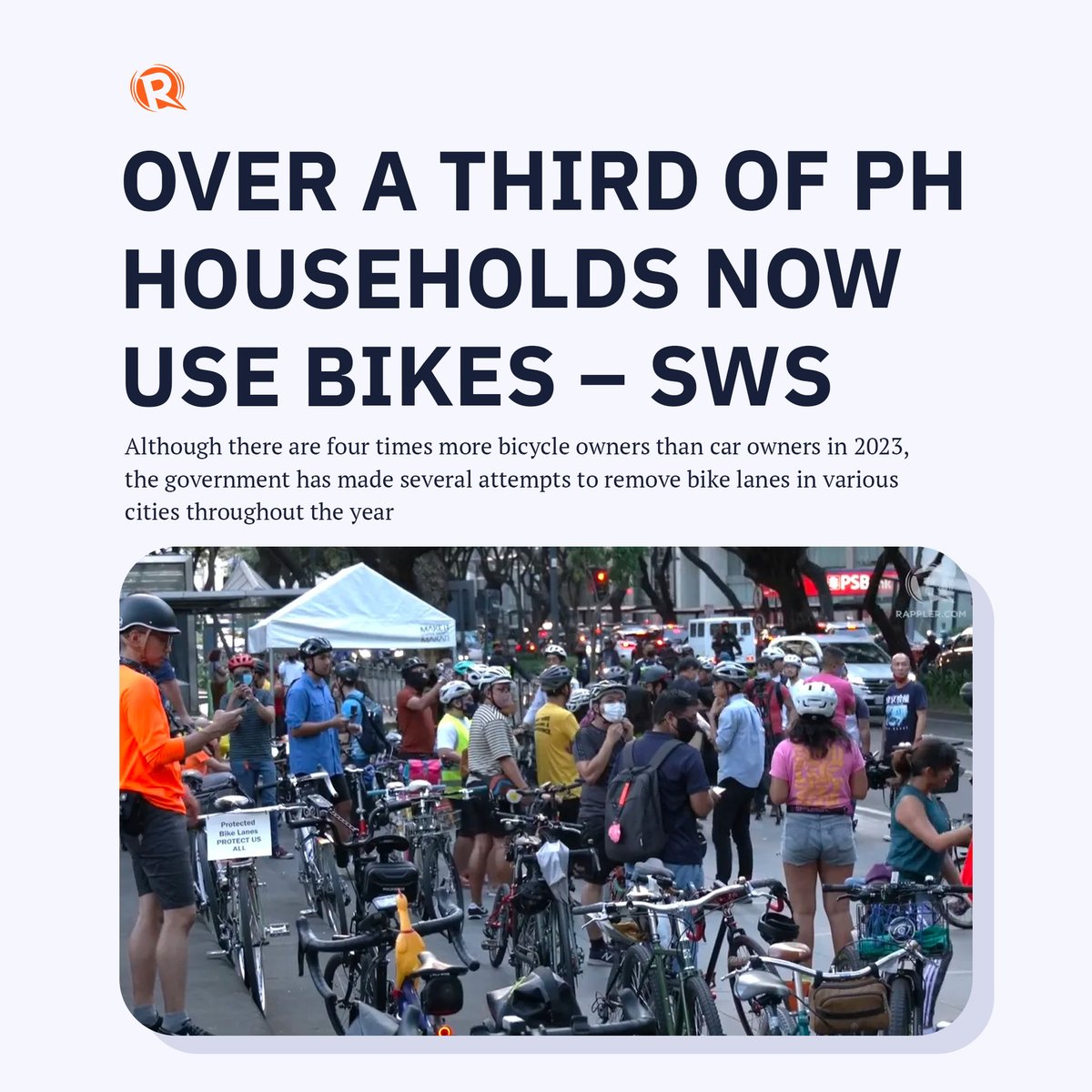 rapplerdotcom's tweet photo. Despite the growth in popularity of cycling, the government has shown limited support. Even when protected bike lanes have been set up, cyclists must battle to keep them from being converted into “sharrows” or lanes shared between bikes and motor vehicles. https://t.co/6buq0VOIbK https://t.co/jpqaFHUDKe