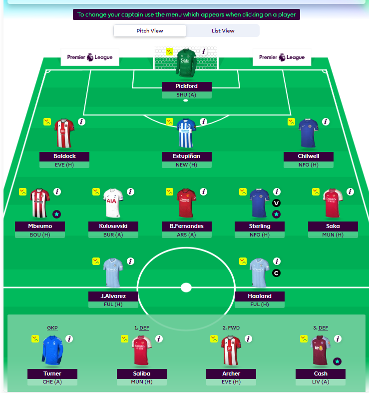 FPLGuru23's tweet photo. Current plan. Not fully locked in yet. 🔓

Alvarez has come in for JP. 🔵

Not convinced on Baldock 🔴⚪️ Not guaranteed to start. If he does I'm hoping for a 0-0 in the early kick off tomorrow.

Should I start Cash 💰or Saliba 🇫🇷 instead?

Haaland of course gets the ©️ 🤖

#FPL https://t.co/QO5OXFW12N