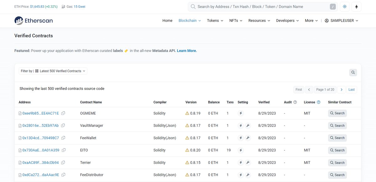 etherscan's tweet image. User Walkthrough 🤓

Scenario: You're an aspiring smart contract developer looking to learn from verified contracts on Etherscan

You utilize a few tools on Etherscan to achieve your goal 🧵