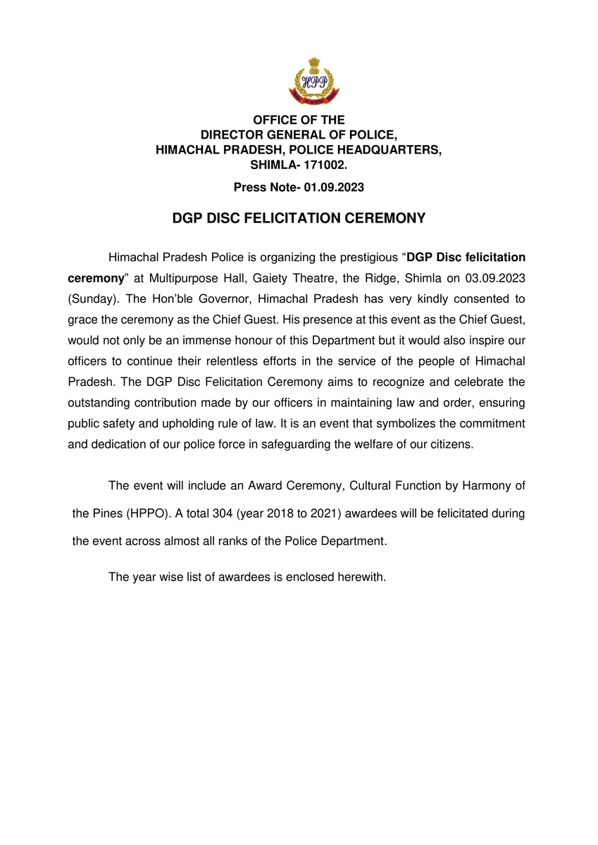 himachalpolice's tweet photo. #PressNote #DGP_HP #DGP_Disc #FelicitationCeremony #Himachal #GaietyTheatre #AwardCeremony #Governor #Duty #Police #HPPolice
(1/3)
@RajBhavanHP @himachalpolice
@CMOFFICEHP @SukhuSukhvinder @Mukesh @PradeshPolice @SanjayKunduDGP https://t.co/Tp96iU6mSJ