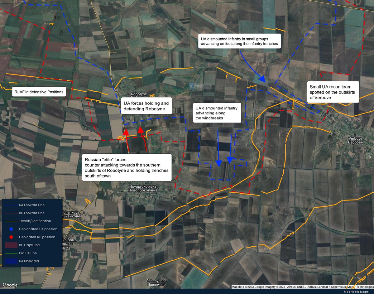 My current take on what's going on in Robotyne. Russian forces are defending the trench system south of the town and are counter attacking towards the town. This is most likely the reason they keep claiming Ukraine have not liberated the town.