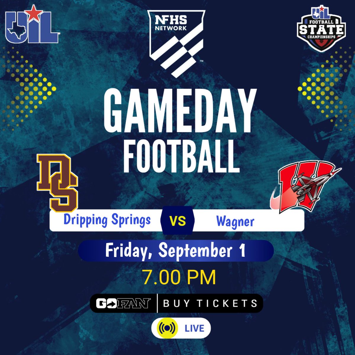 🏆UIL TEXAS FOOTBALL 
🏈 Dripping Springs vs Wagner
📽️ Live Streaming - bit.ly/3Pj9Dd3
📅Friday, September 1 @ 7p.
📍D.W. Rutledge Std
<a href="/OneTigerNation/">Dripping Springs High School</a> <a href="/DSISD/">Dripping Springs ISD</a> <a href="/DrippingTigers/">Dripping Springs Athletics</a> <a href="/Coach_Amen08/">Coach Mendez</a> <a href="/DerekDaniel03/">Derek Daniel</a> <a href="/brunson_cash/">Cash Brunson</a> <a href="/JackTyndall15/">Jack Tyndall</a> <a href="/KarenWagnerHSFB/">Wagner T-Bird Football</a> <a href="/CoachStarin/">Coach Starin</a>