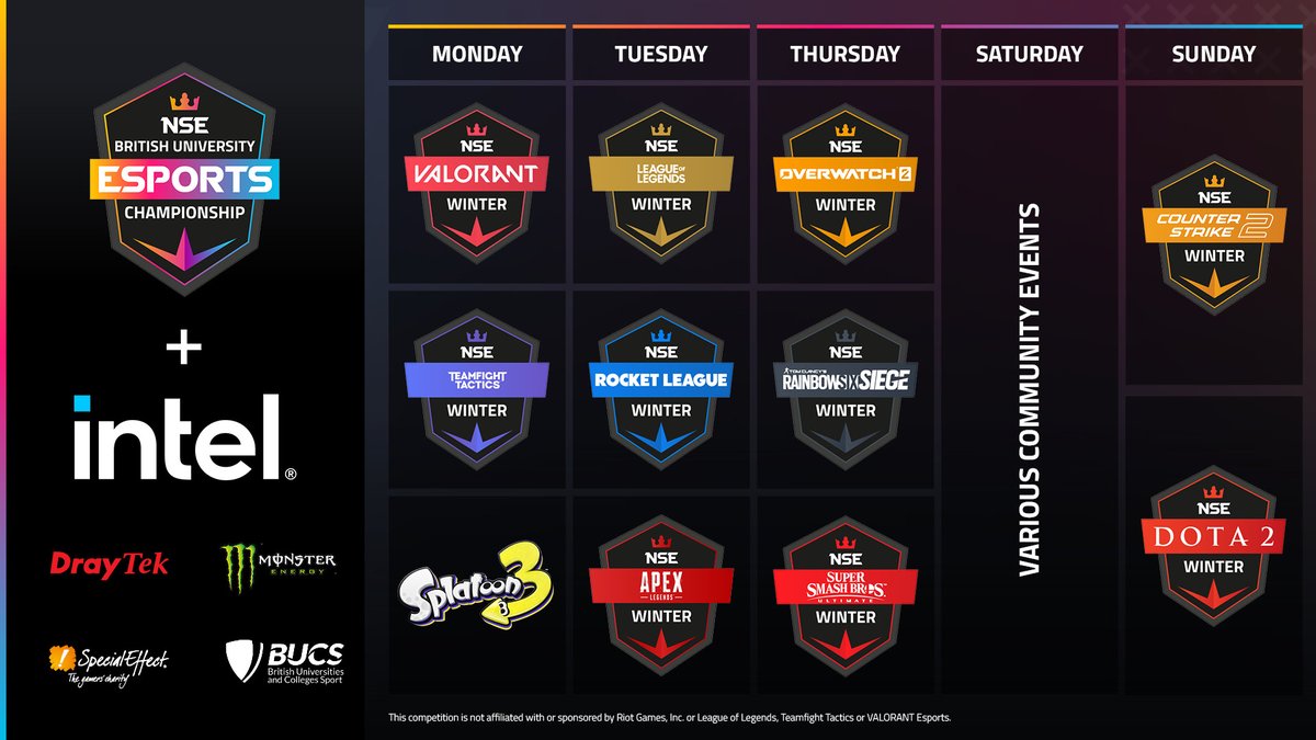 🤩 Goooood afternoon, we are pleased to share the upcoming Winter schedule for the British University Esports Championship. 

🆕 We've got all of your favourite games plus TWO new titles joining our official lineup!

🗓️ Signups open: 19th of Sep

👇 Check out the schedule below