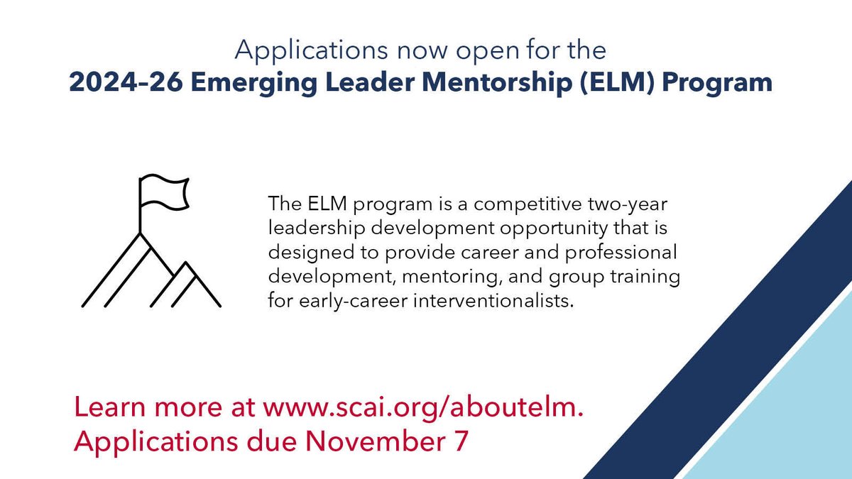 Applications are now open for the Emerging Leader Mentorship (ELM) program—a two-year leadership development opportunity offered in partnership with @ACCinTouch and @crfheart. Learn more and apply ➡️ scai.org/aboutelm