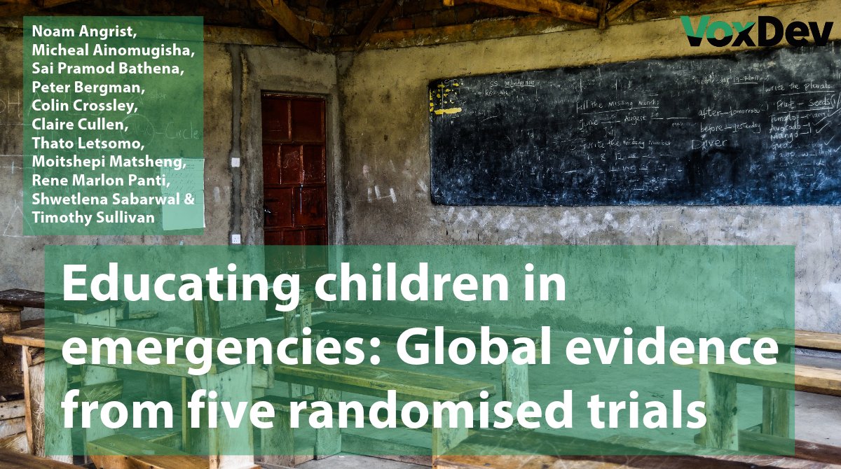 Educating children in emergencies.

Global evidence from five randomised trials by <a href="/angrist_noam/">Noam Angrist</a>, <a href="/AinomugishaMic6/">Ainomugisha Micheal</a>, <a href="/BathenaSai/">Sai Pramod Bathena</a>, @peterbergman_, Colin Crossley, <a href="/ccullen_1/">Claire Cullen</a>, <a href="/TLetsomo/">Thato Letsomo</a> <a href="/TshepiMatsheng/">Tshepi Matsheng</a>, Rene Marlon Panti, <a href="/TshepiMatsheng/">Tshepi Matsheng</a> &amp; Tim Sullivan: voxdev.org/topic/health-e…