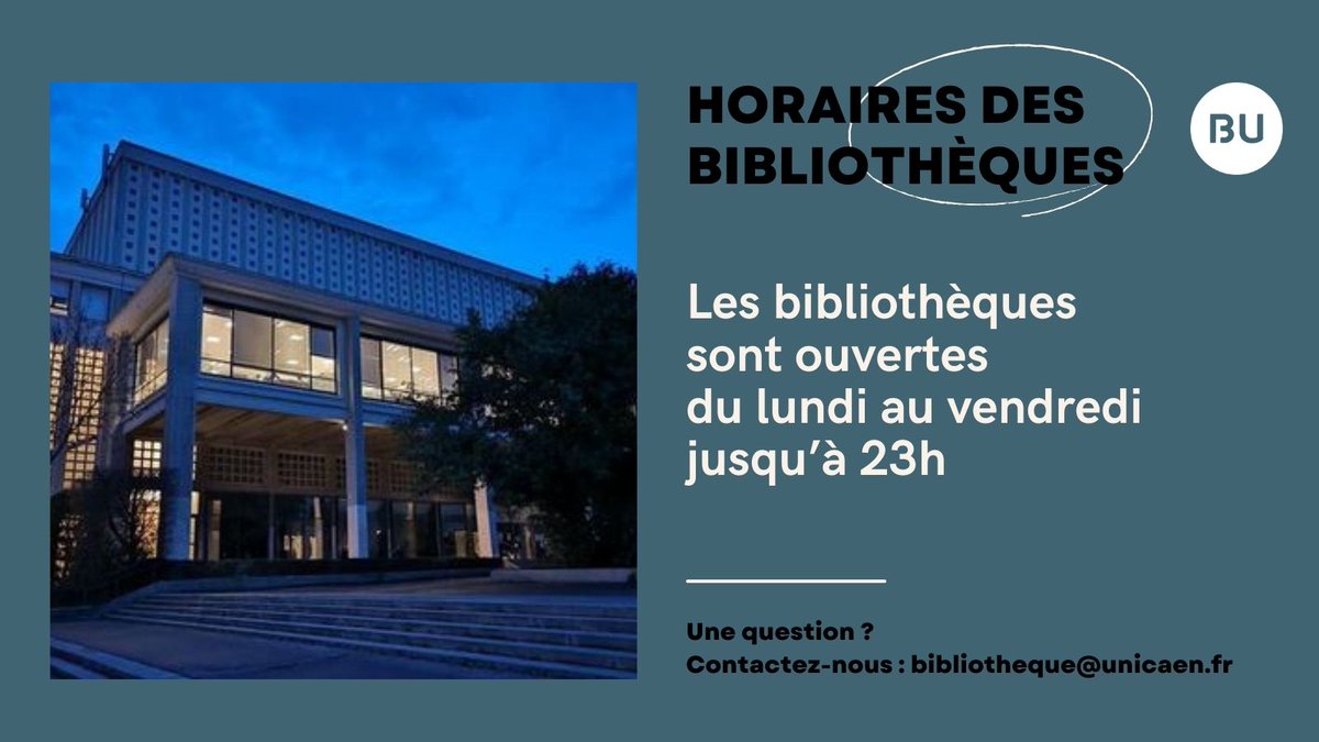 🌙 C'est la reprise des #Nocturnes en #BU !
À partir du 4 sept., 3 #Bibliothèques <a href="/Universite_Caen/">Université de Caen Normandie</a> vous accueillent en soirée jusqu'à 23h
 📍BU Pierre-Sineux, campus 1
 📍BU Madeleine-Brès, PFRS
🆕BU Rosalind-Franklin, campus 2
#NoctamBU
⚠️Sur présentation de la léocarte dès 19h