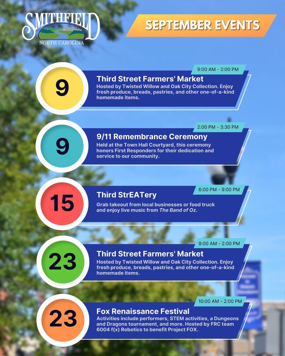 Happy Friday and welcome to September! Many great events for you and your family are happening this month, including our Farmers' Market, Third StrEATery featuring The Band of Oz, a 9/11 Remembrance Ceremony and the Fox Renaissance Festival. We'll see you soon in Smithfield!